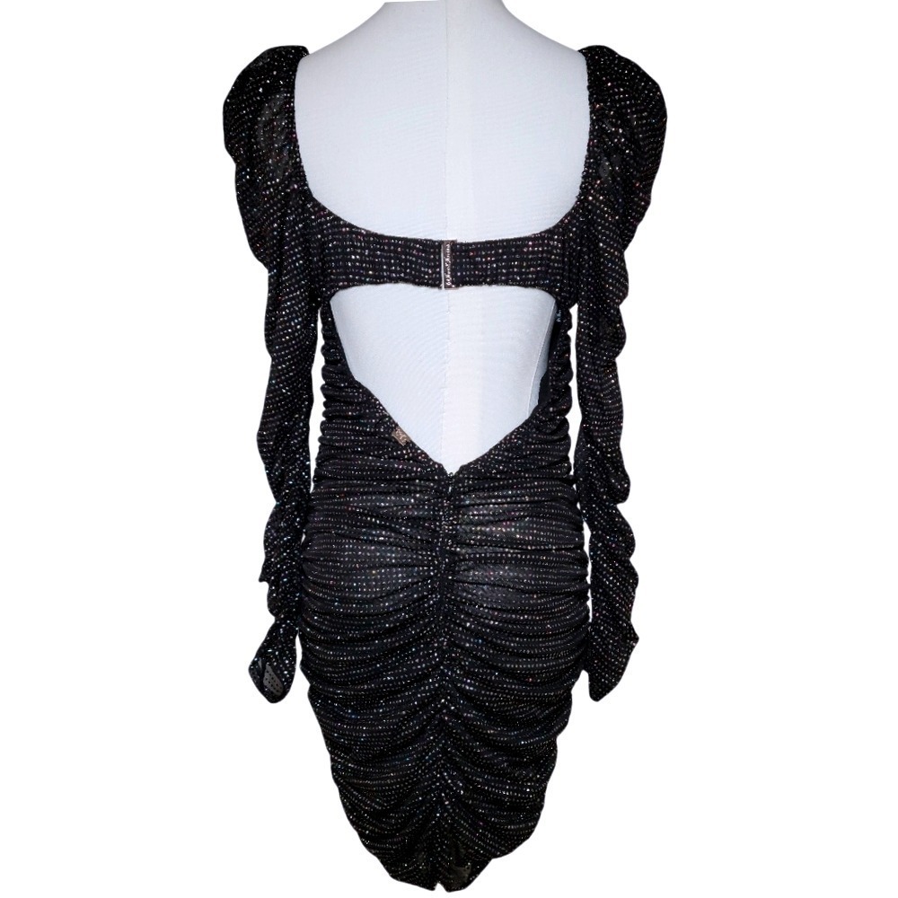 For Love & Lemons Black Glitter Ruched Glam Mini Dress Small NYE Holiday Sparkle - Picture 7 of 12
